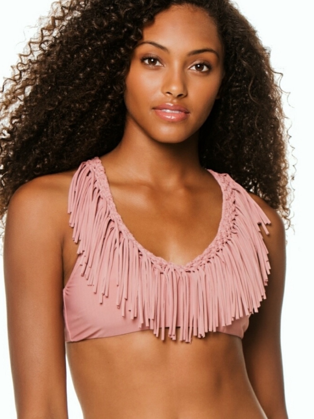 PilyQ Fringe Halter Bikini Top Women’s L Western Festival Boho Y2K Dusty Rose